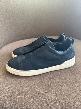 Zegna Men's triple stittch navy Leather Slip-On Sneakers